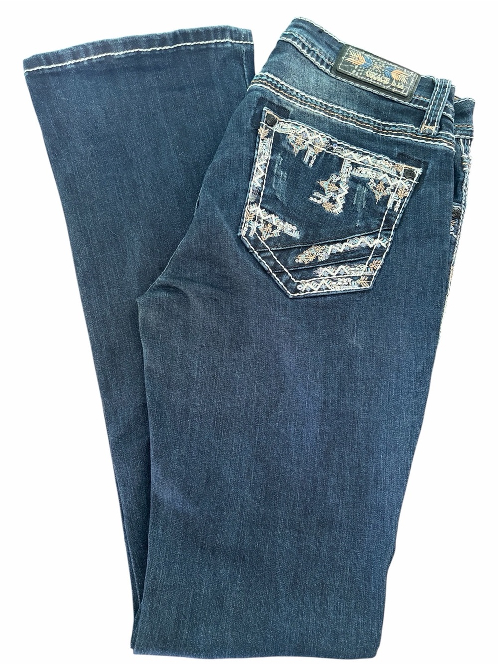 Grace in LA | Dark Blue Boot Cut Jeans with Embroidered Back Pockets